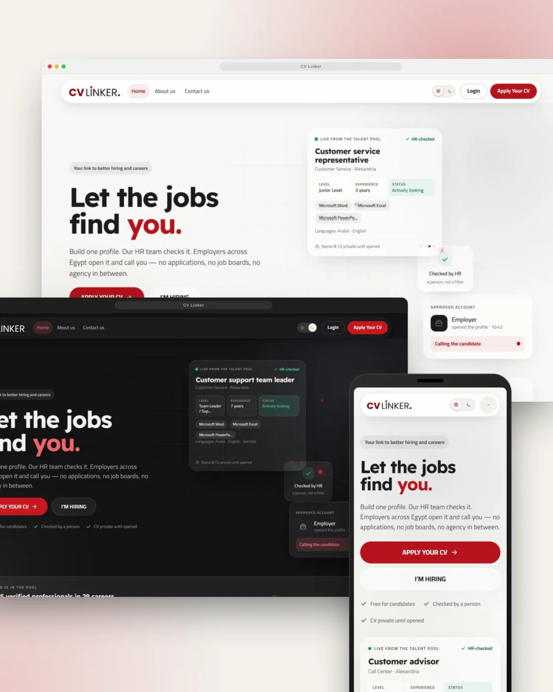 CV Linker website and mobile view — recruitment platform designed and developed by Lynked