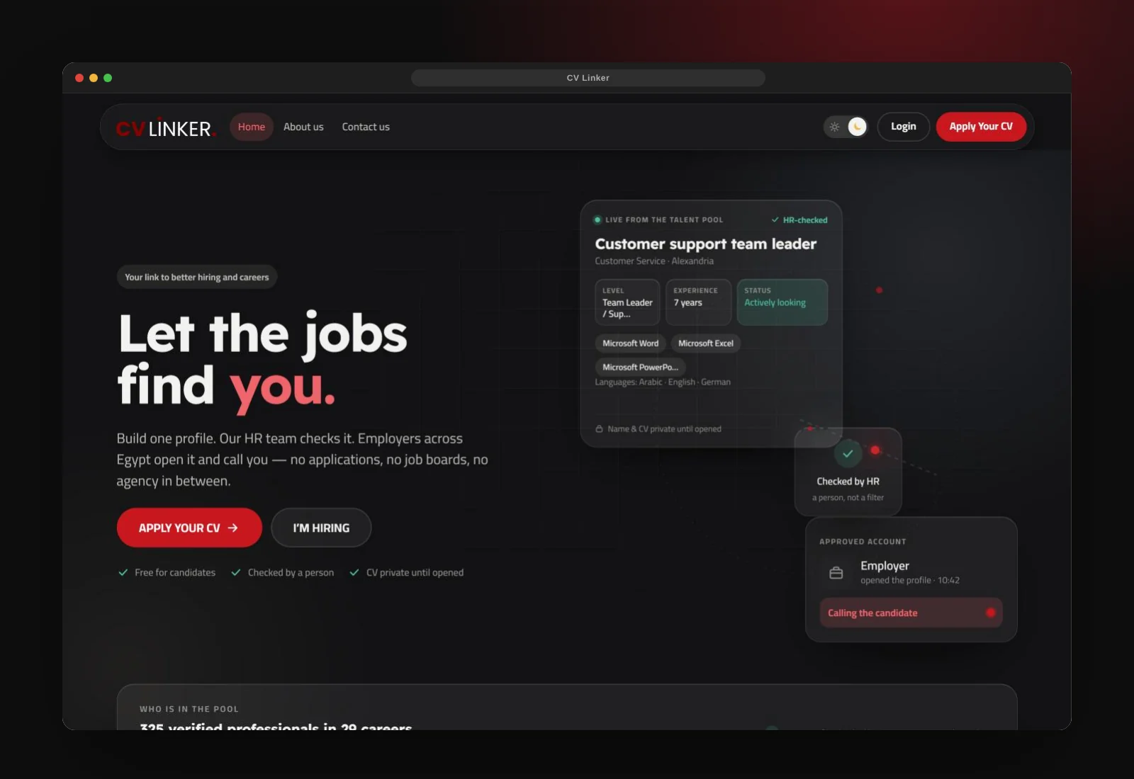 CV Linker website in dark mode