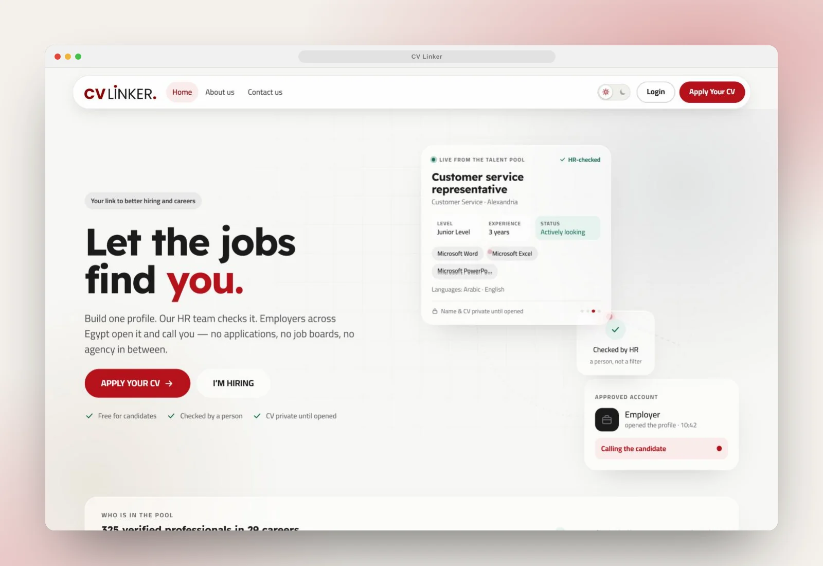 CV Linker home page — “Let the jobs find you.” hero with live talent-pool cards