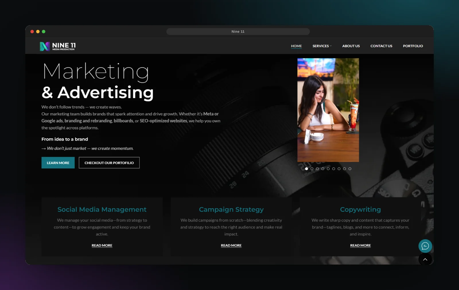 Nine 11 website — Marketing & Advertising section with campaign slider