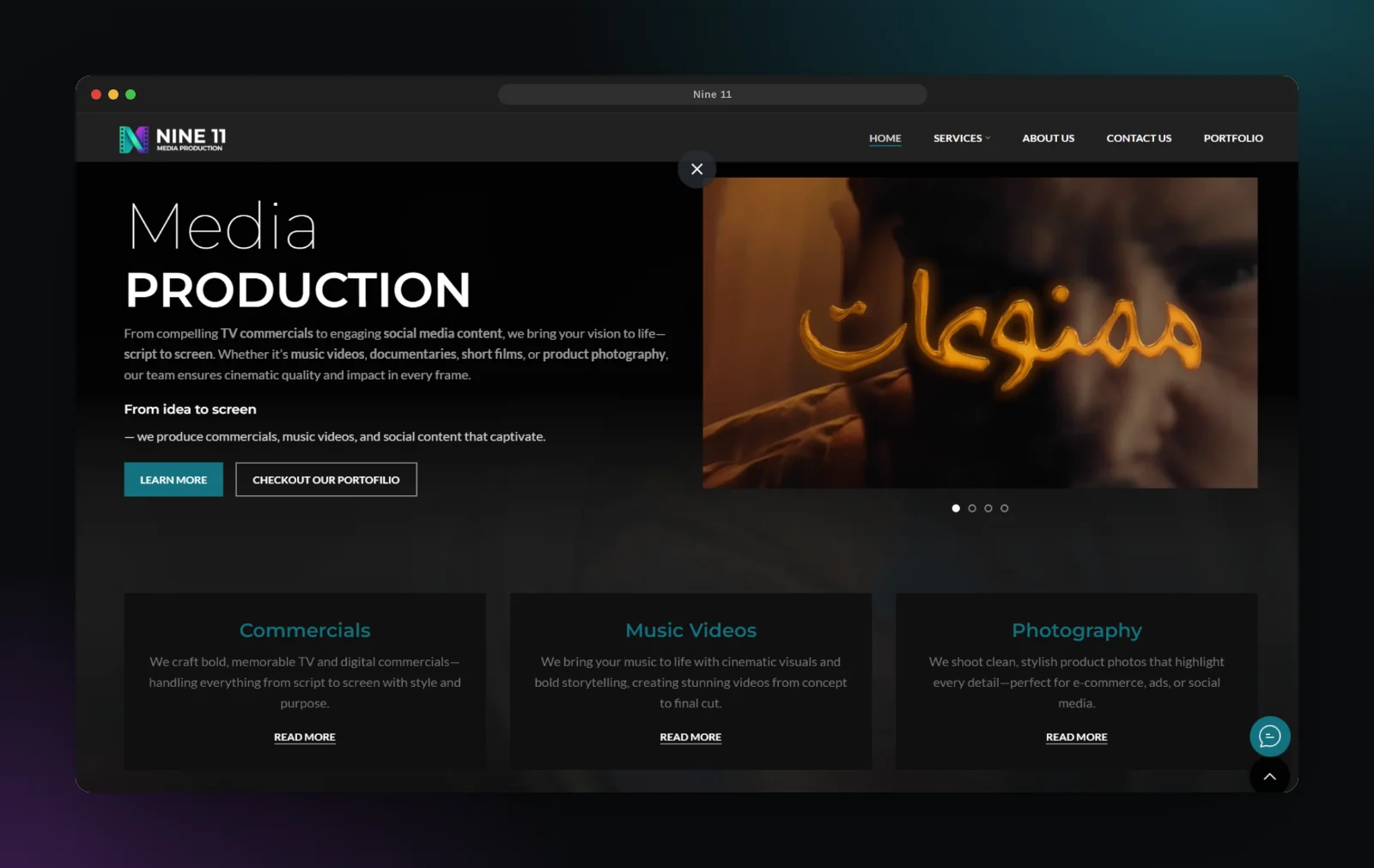 Nine 11 website — Media Production section with commercial showreel and services