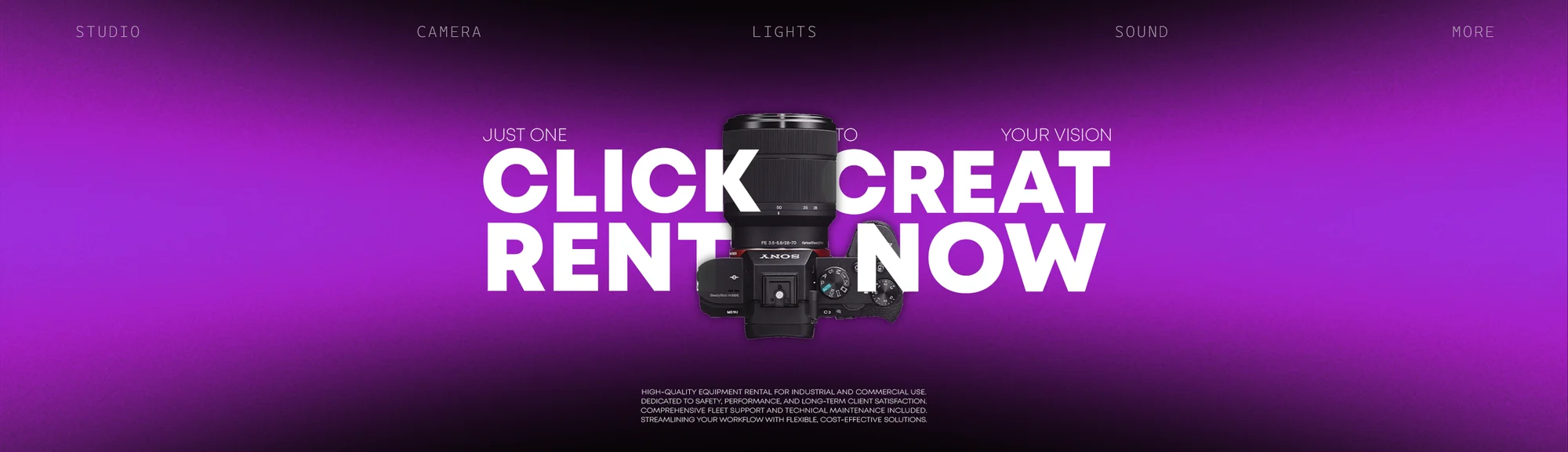 ProAngles camera rental ad — Just one click to create your vision, rent now