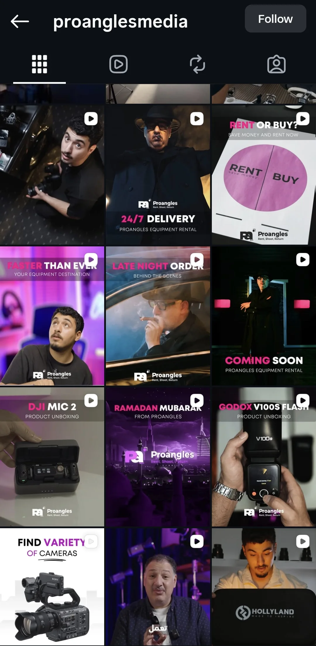 ProAngles Instagram grid — rental reels, product unboxings and 24/7 delivery
