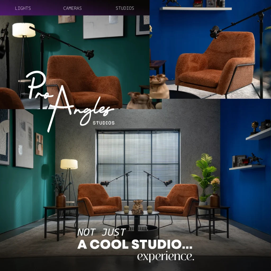 ProAngles podcast studio with orange chairs and blue-green walls, Dubai