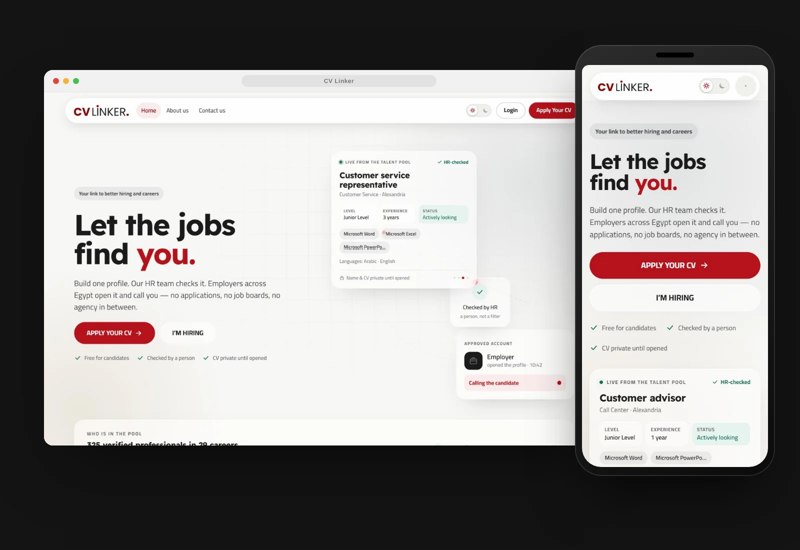 CV Linker responsive design — desktop and mobile