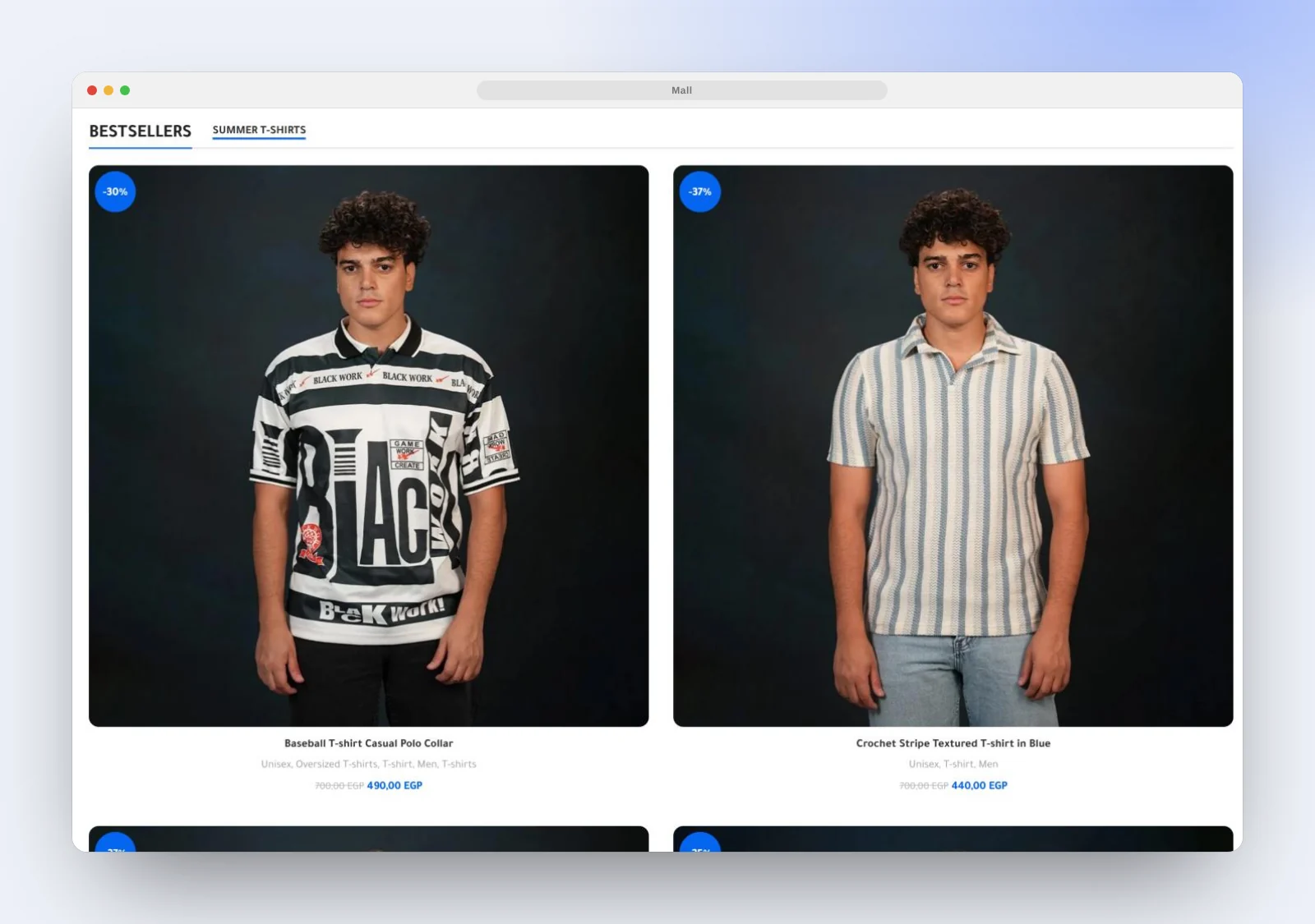 Mall bestsellers section with T-shirts and discounted prices