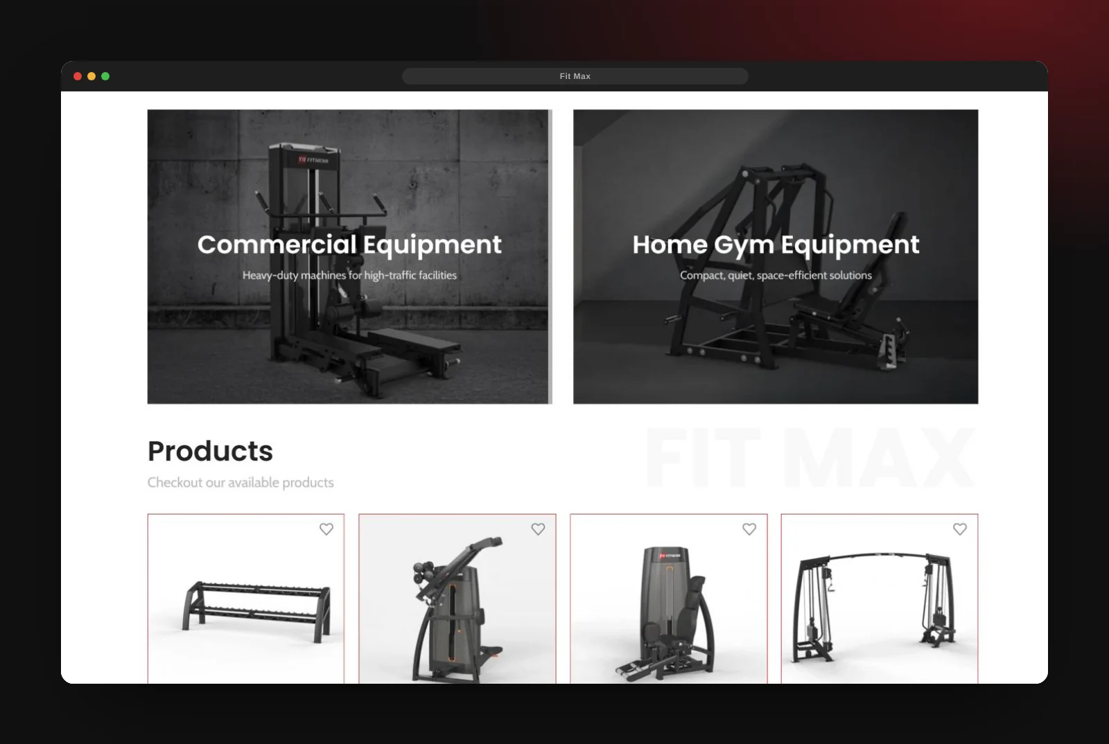 Fit Max commercial and home gym equipment categories and product catalogue