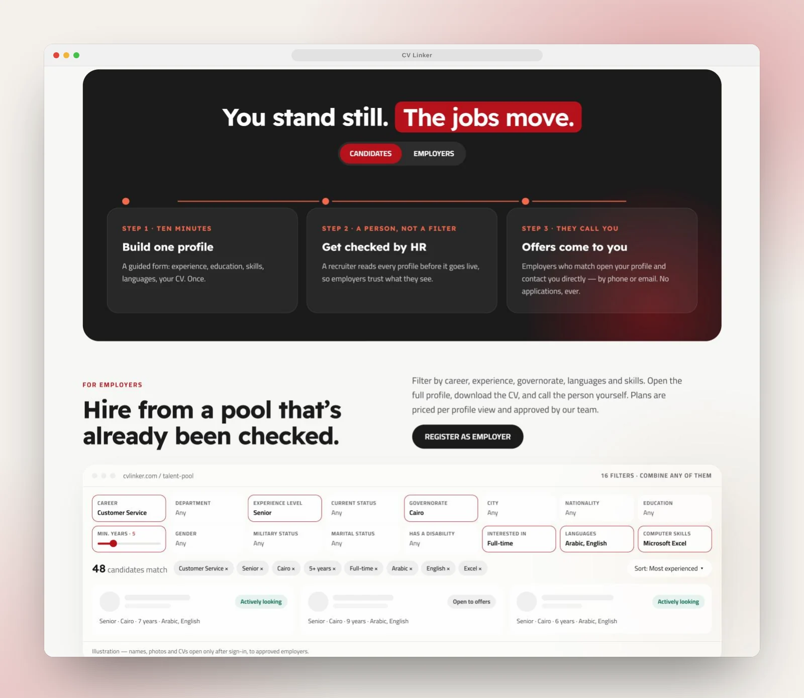 CV Linker how-it-works steps and employer talent-pool search filters