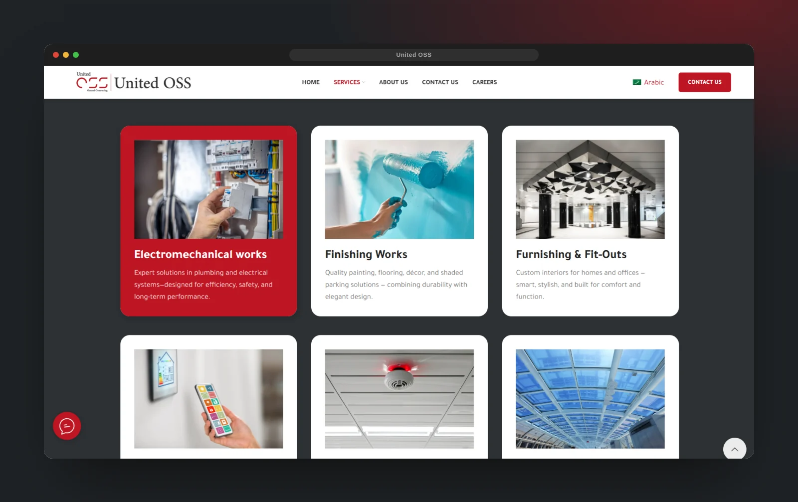United OSS services — electromechanical works, finishing, fit-outs, smart systems, fire safety and glass works